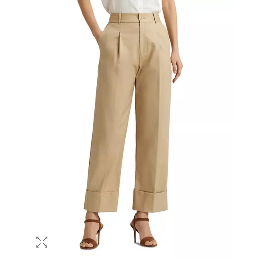 Ralph Lauren Womens Size 16W‎ Double Faced Cropped Pants Tan Pleated Cuffed NEW